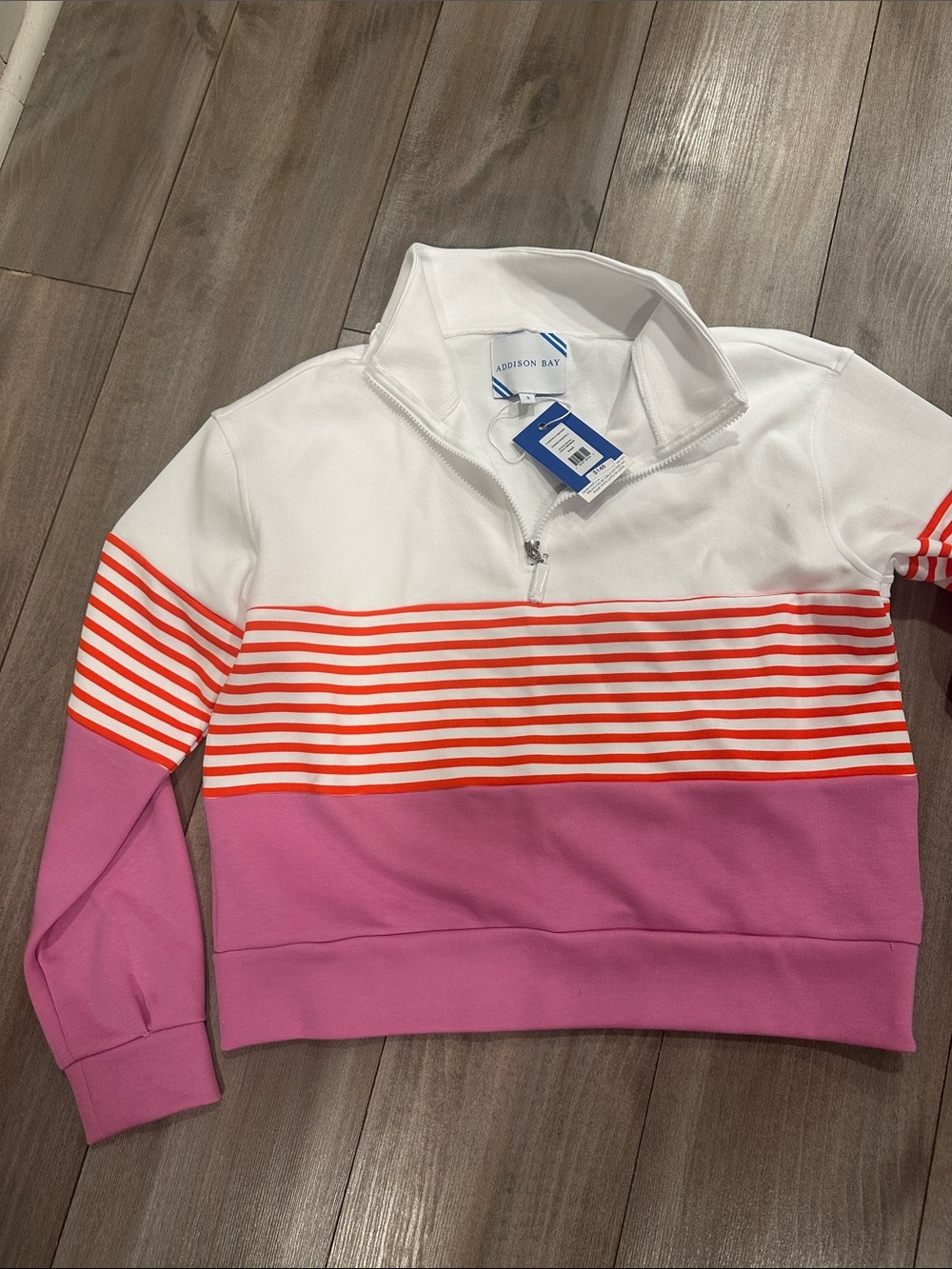 NWT Addison Bay White, Pink & Orange Striped JV Quarter-Zip Pullover